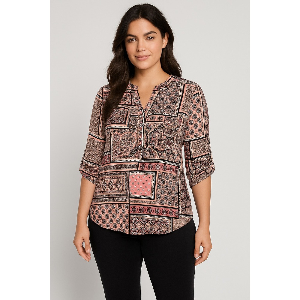 Cocomo Top Womens Plus Size 1X Paisley Boho Peasant Patchwork‎ Pleated Popover